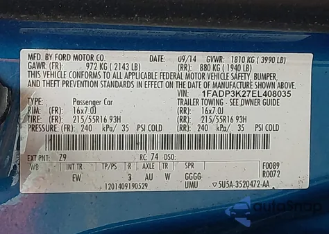 2014 Ford Focus Se z USA, uszkodzony, nr VIN 1FADP3K27EL408035